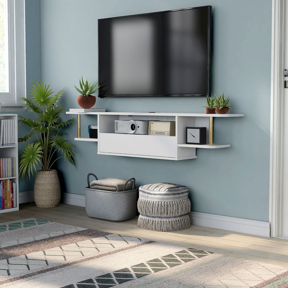 Haft Wood 63" Length Floating TV Console in White. Picture 4