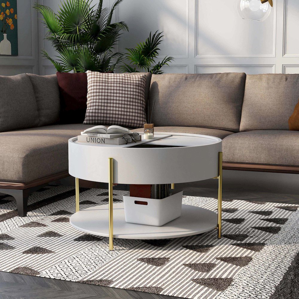 Haft Wood Coffee Table with Hidden Storage in White. Picture 4
