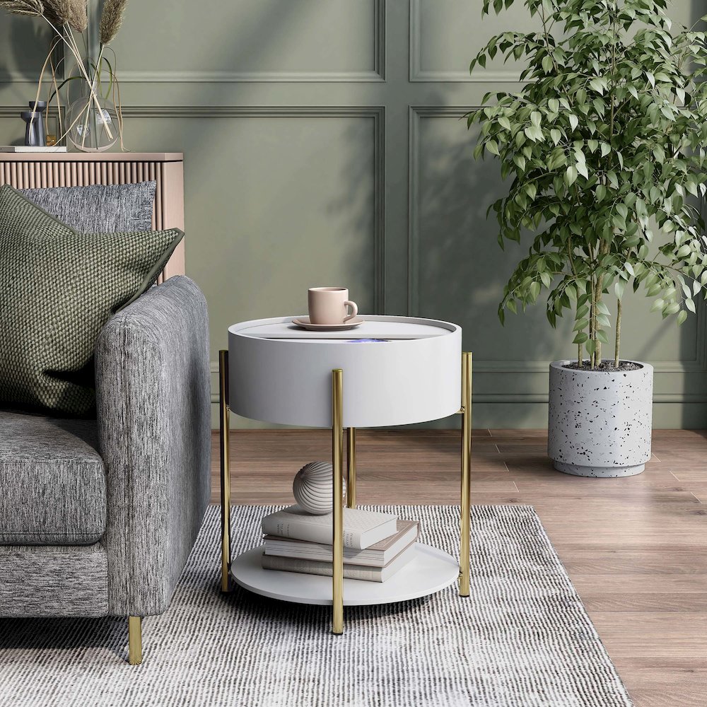 Haft Wood End Table with Hidden Storage in White. Picture 4