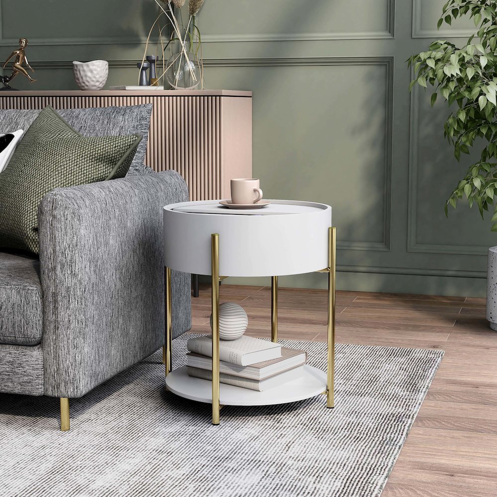 Haft Wood End Table with Hidden Storage in White. Picture 5