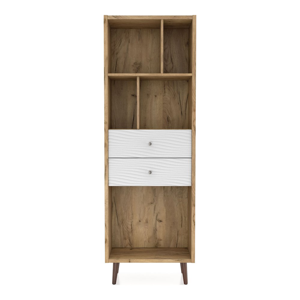 Finn Mid-Century Modern Wood 2-Drawer Bookcase in Light Oak. Picture 4