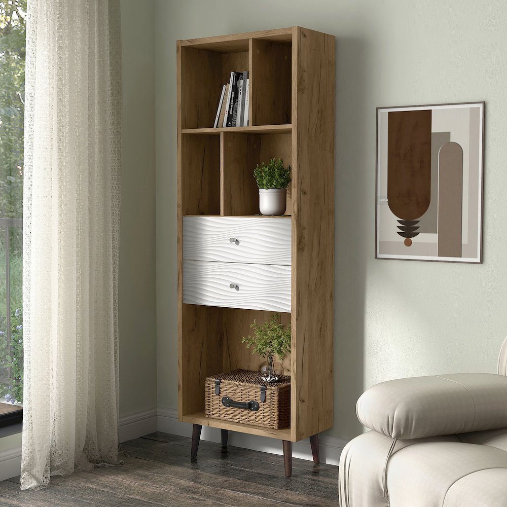 Finn Mid-Century Modern Wood 2-Drawer Bookcase in Light Oak. Picture 3
