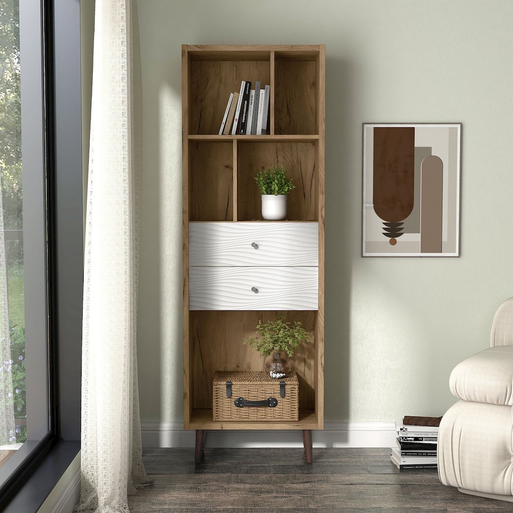 Finn Mid-Century Modern Wood 2-Drawer Bookcase in Light Oak. Picture 5