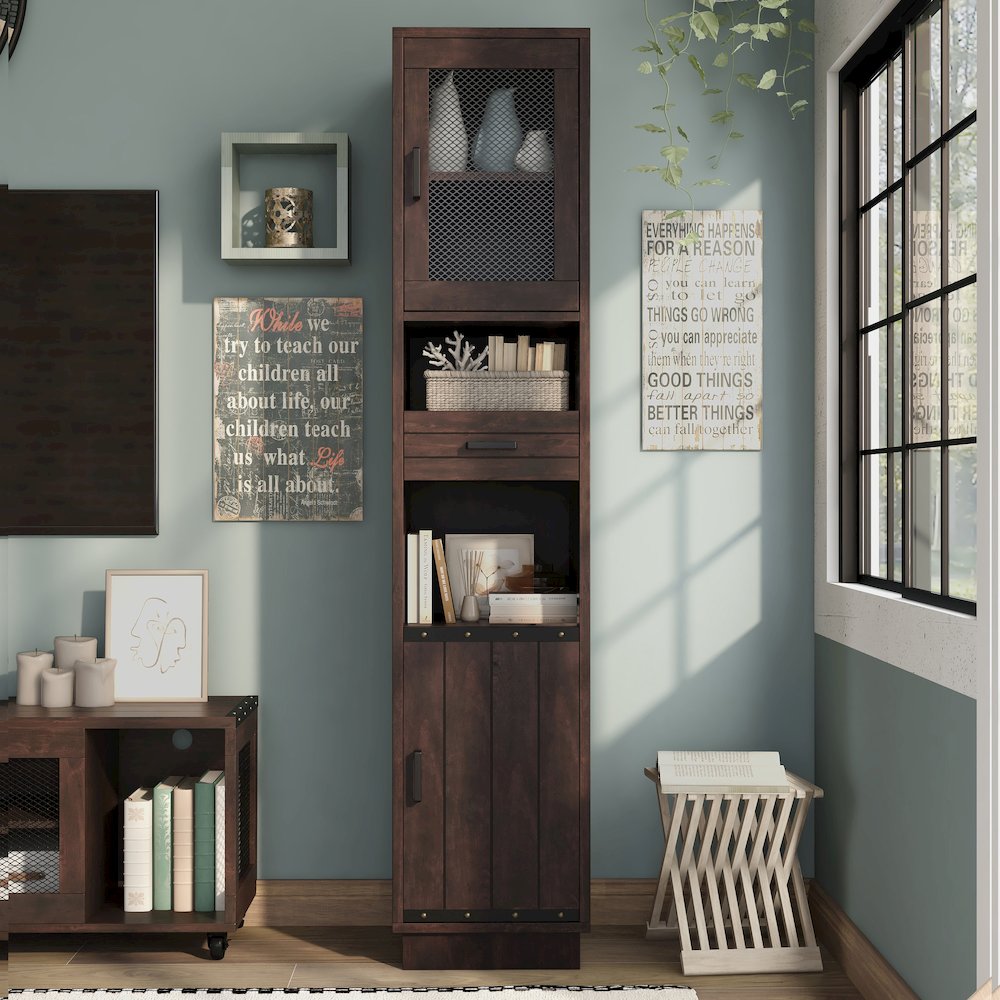 Jax Wood Multimedia Storage Tower Cabinet in Vintage Walnut. Picture 5