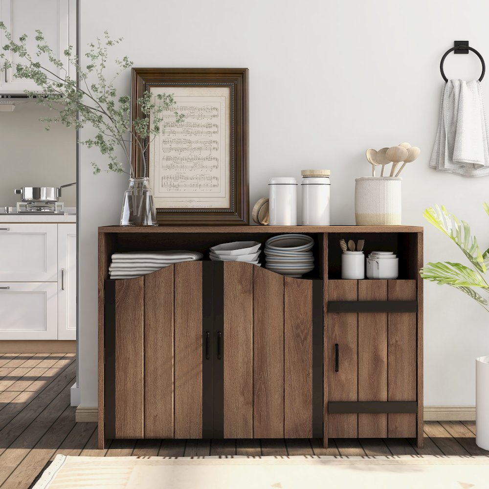 Helen Farmhouse Wood 6-Shelf Buffet in Distressed Walnut. Picture 5