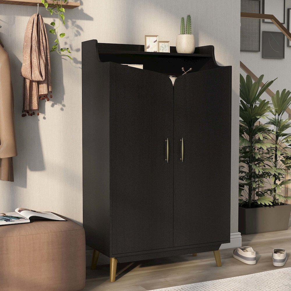 Ansel 7-Shelf Wood Shoe Cabinet for 15 Shoes in Black. Picture 4