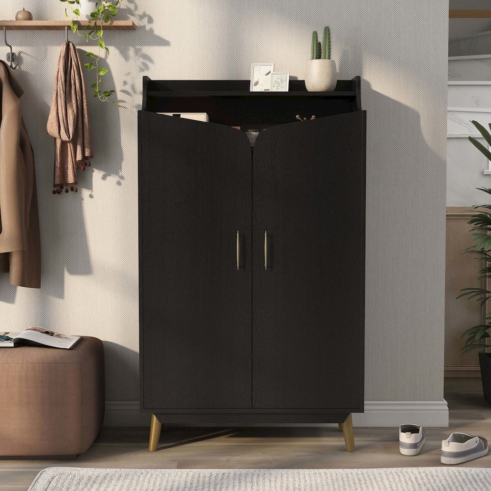 Ansel 7-Shelf Wood Shoe Cabinet for 15 Shoes in Black. Picture 5