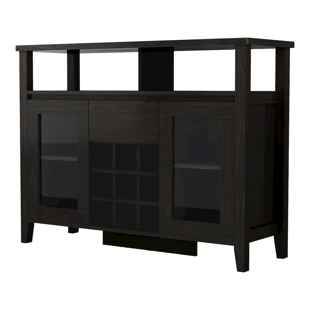 Elm Wood Buffet Table with Wine Rack in Espresso. Picture 1