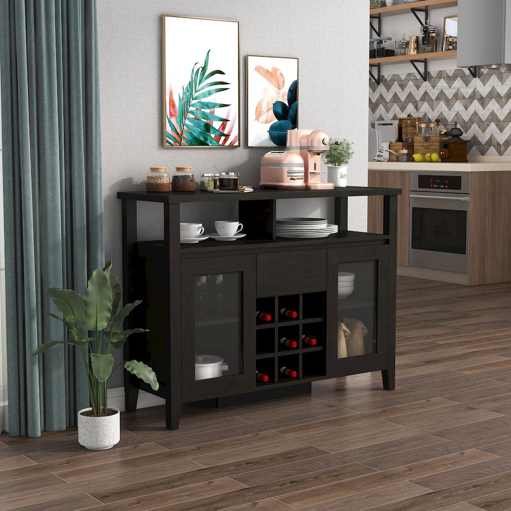 Elm Wood Buffet Table with Wine Rack in Espresso. Picture 4