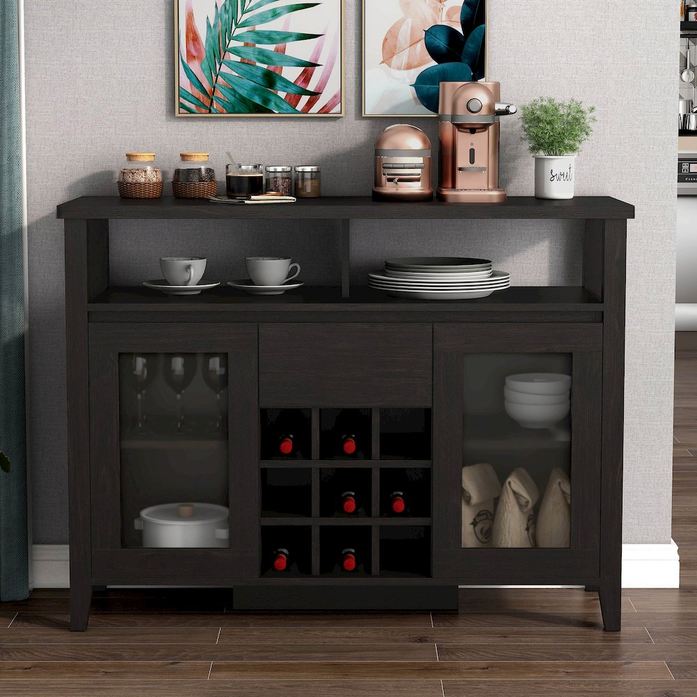 Elm Wood Buffet Table with Wine Rack in Espresso. Picture 5