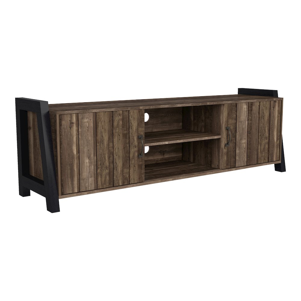 Acres Farmhouse Wood 6-Shelf TV Console in Brown. Picture 1