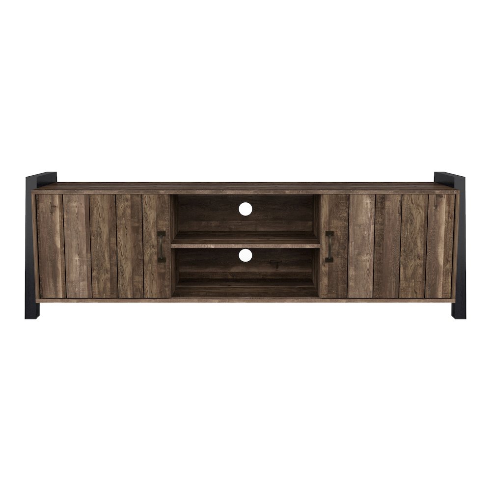 Acres Farmhouse Wood 6-Shelf TV Console in Brown. Picture 3