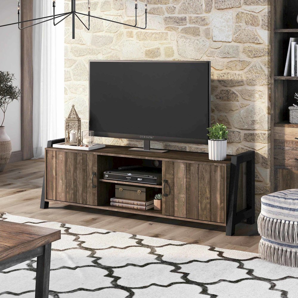 Acres Farmhouse Wood 6-Shelf TV Console in Brown. Picture 4