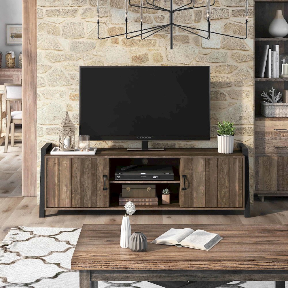 Acres Farmhouse Wood 6-Shelf TV Console in Brown. Picture 5