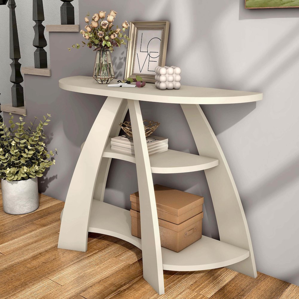 Bianca Contemporary Half Moon Wood Storage Console Table. Picture 4