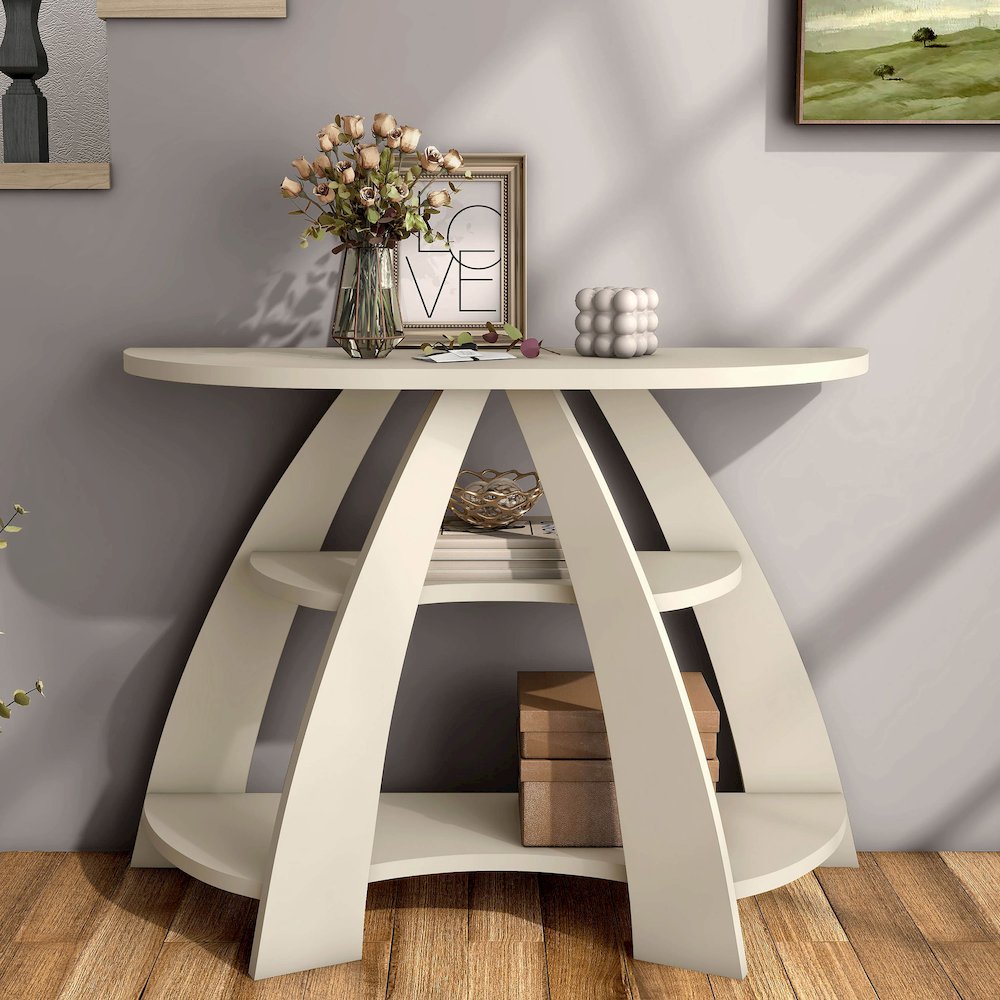 Bianca Contemporary Half Moon Wood Storage Console Table. Picture 5