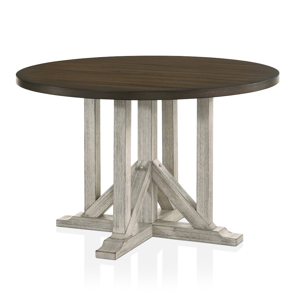 Kadda Farmhouse Wood Round Dining Table in Antique White and Dark Oak. Picture 5