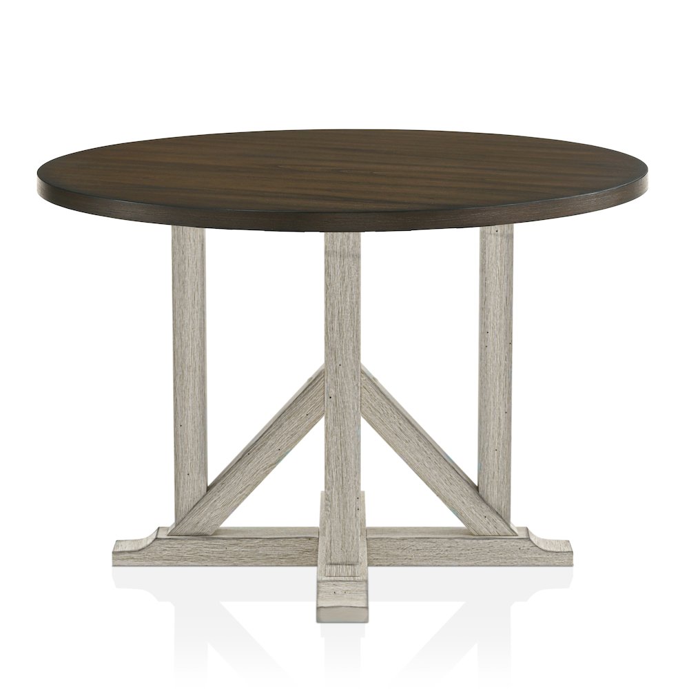 Kadda Farmhouse Wood Round Dining Table in Antique White and Dark Oak. Picture 1