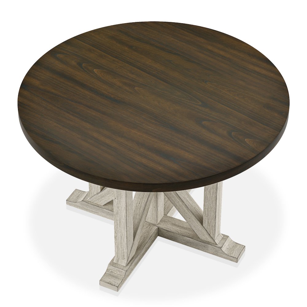Kadda Farmhouse Wood Round Dining Table in Antique White and Dark Oak. Picture 2