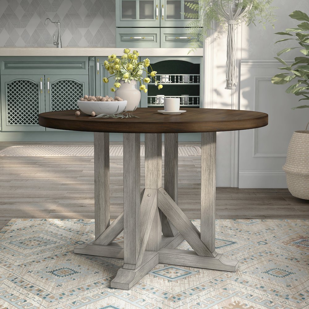 Kadda Farmhouse Wood Round Dining Table in Antique White and Dark Oak. Picture 3