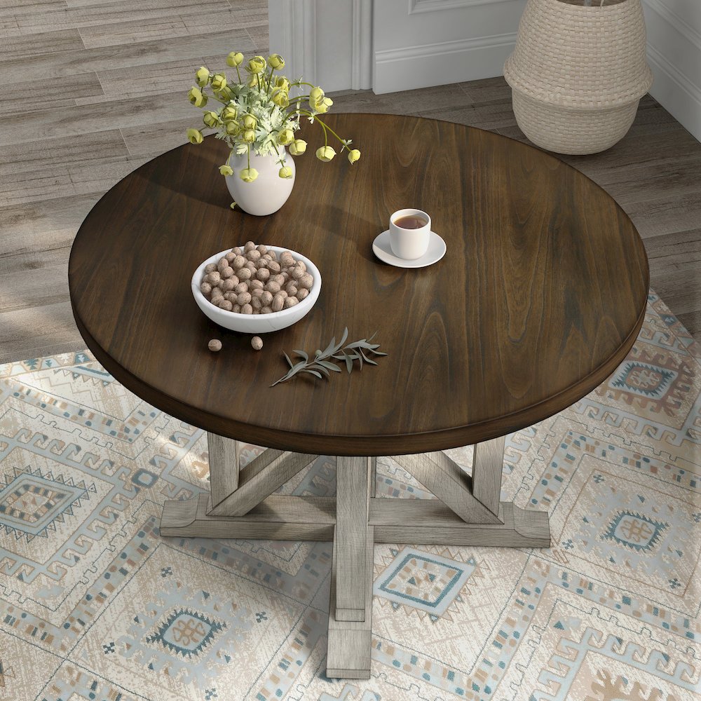 Kadda Farmhouse Wood Round Dining Table in Antique White and Dark Oak. Picture 4