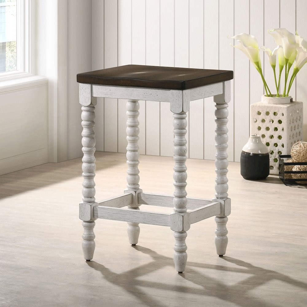 Birch Wood Counter Stools in White and Walnut (Set of 2). Picture 4