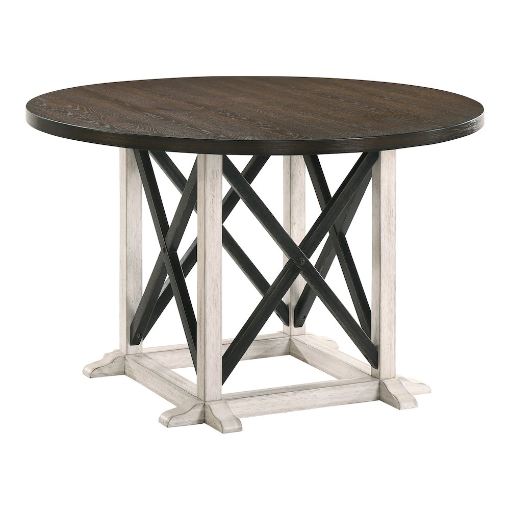 Knix Rustic Wood Round Dining Table in Antique White and Dark Walnut. Picture 1