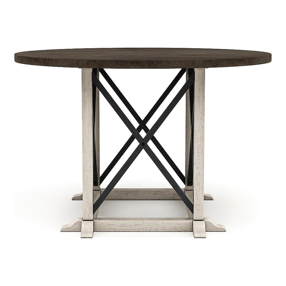 Knix Rustic Wood Round Dining Table in Antique White and Dark Walnut. Picture 5