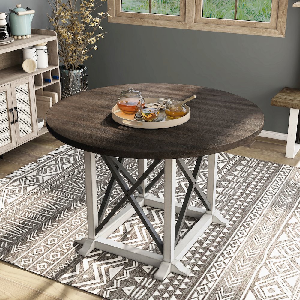 Knix Rustic Wood Round Dining Table in Antique White and Dark Walnut. Picture 3