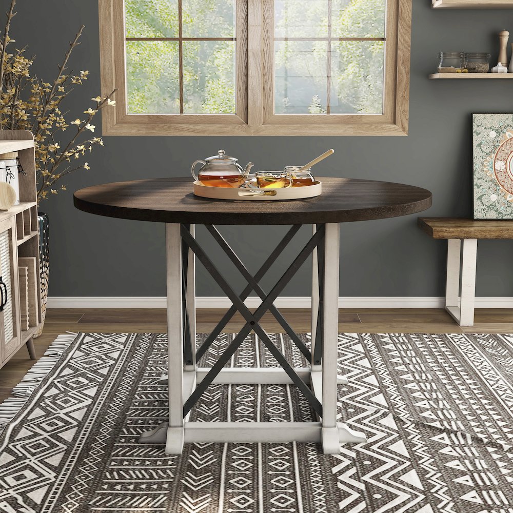 Knix Rustic Wood Round Dining Table in Antique White and Dark Walnut. Picture 4