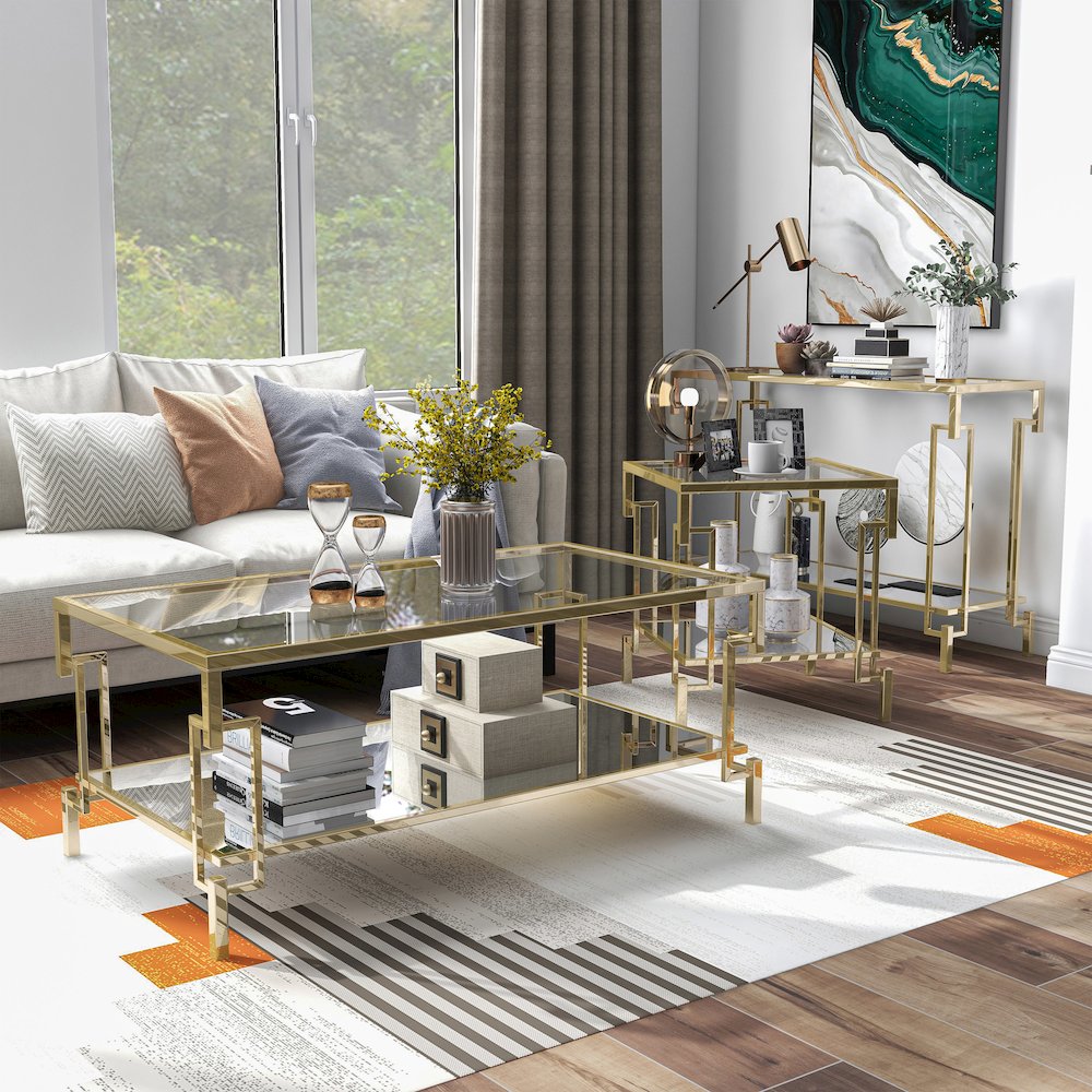 Anaheim Metal 3-Piece Coffee Table Set in Gold Champagne. Picture 2