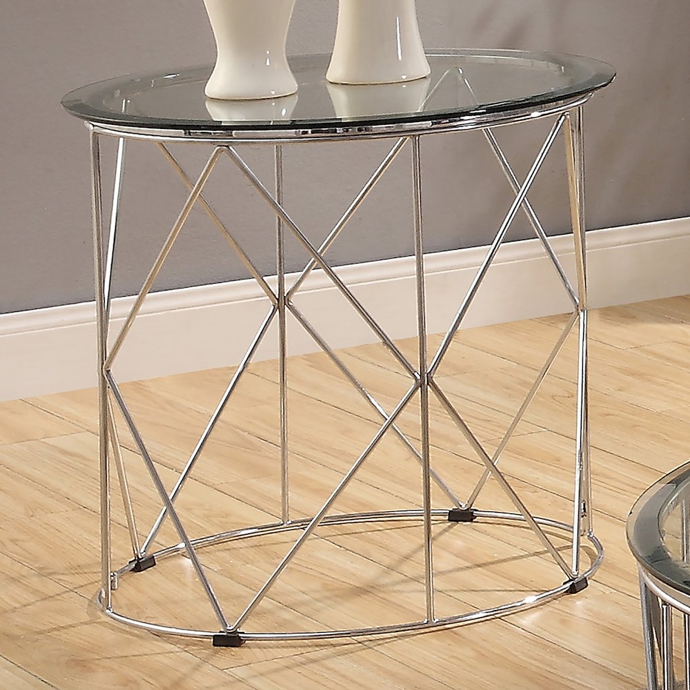 Fland Modern Glass Top Round End Table in Chrome. Picture 3