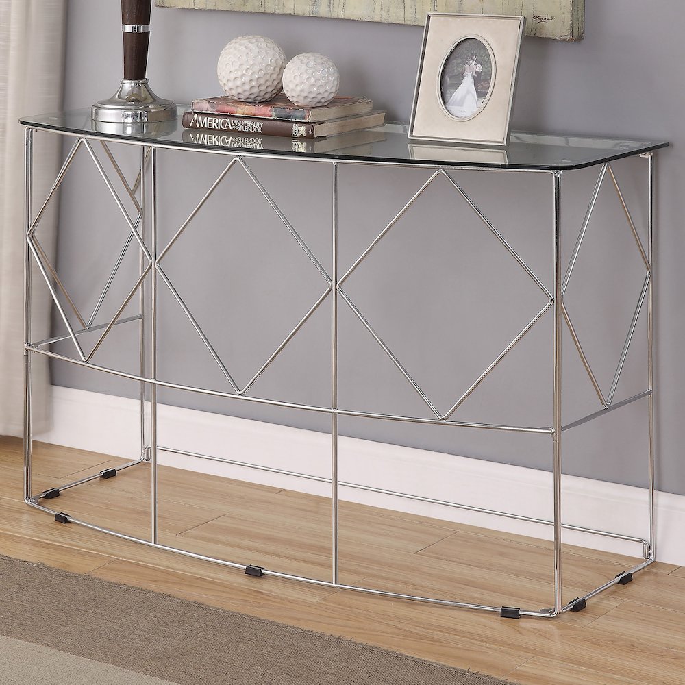 Fland Modern Glass Top Round Console Table in Chrome. Picture 3