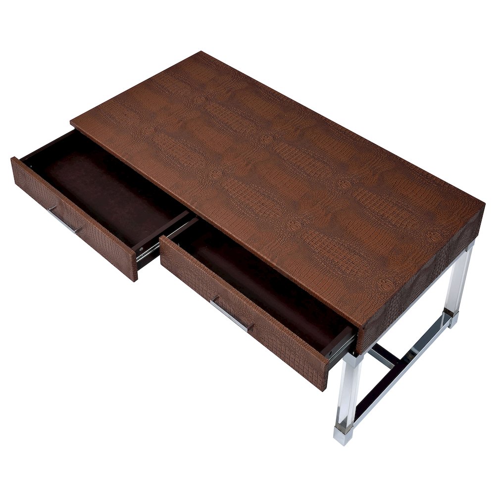 Romano Contemporary Metal 2-Drawer Coffee Table in Brown. Picture 2