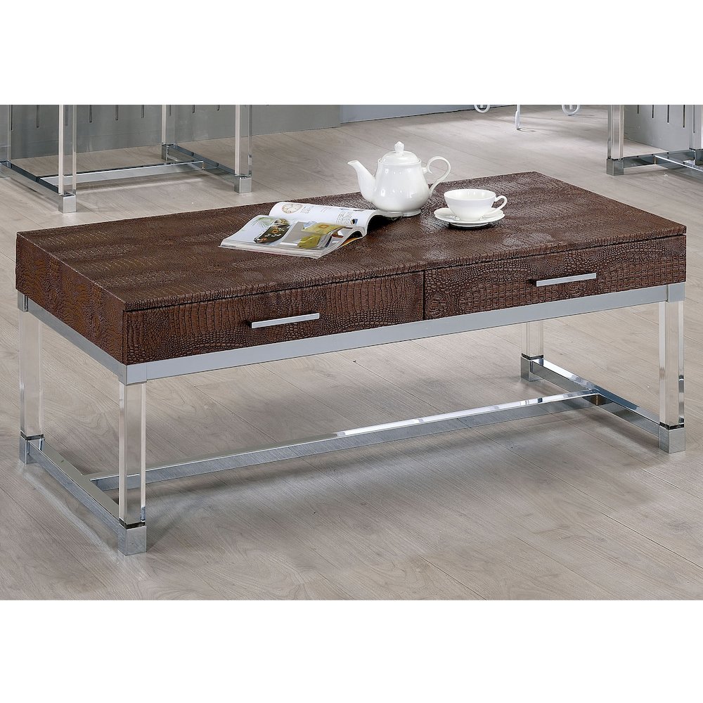 Romano Contemporary Metal 2-Drawer Coffee Table in Brown. Picture 3