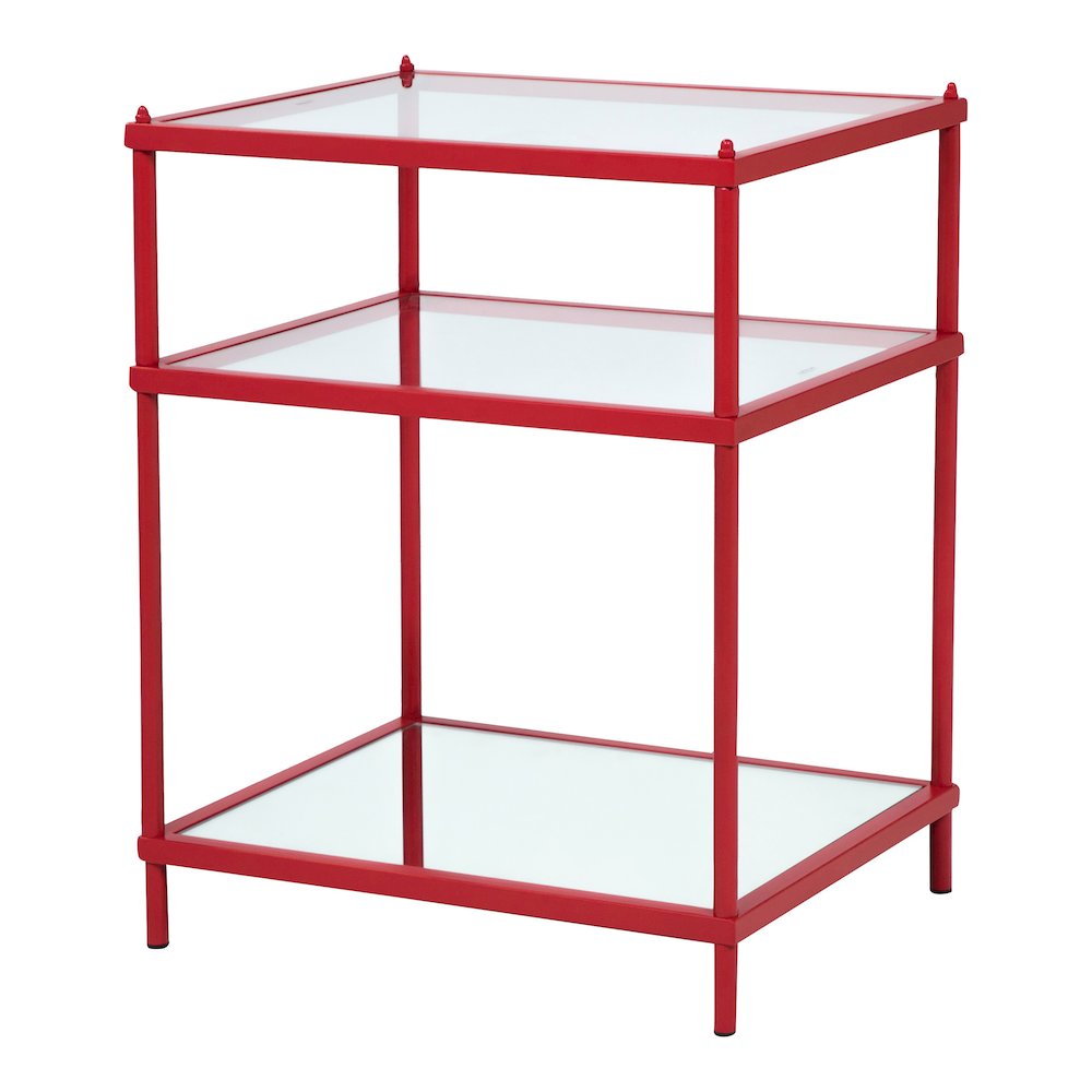 Mendry Metal 2-Shelf Tempered Glass Top Side Table in Red. Picture 1