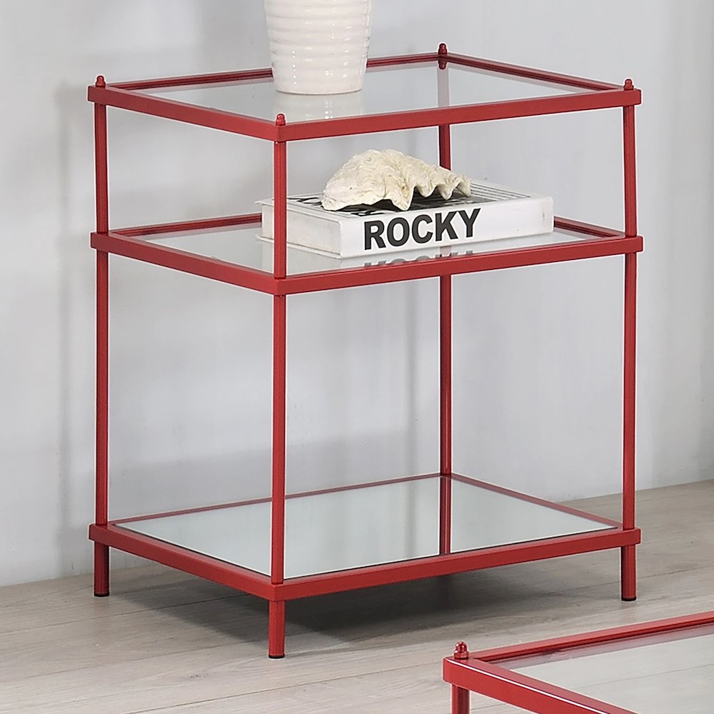 Mendry Metal 2-Shelf Tempered Glass Top Side Table in Red. Picture 4