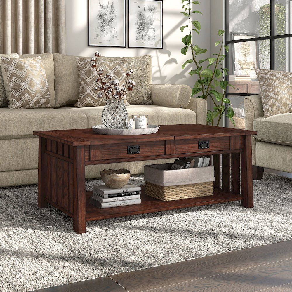 Elm Wood Coffee Table With Hidden Lift Shelf. Picture 4