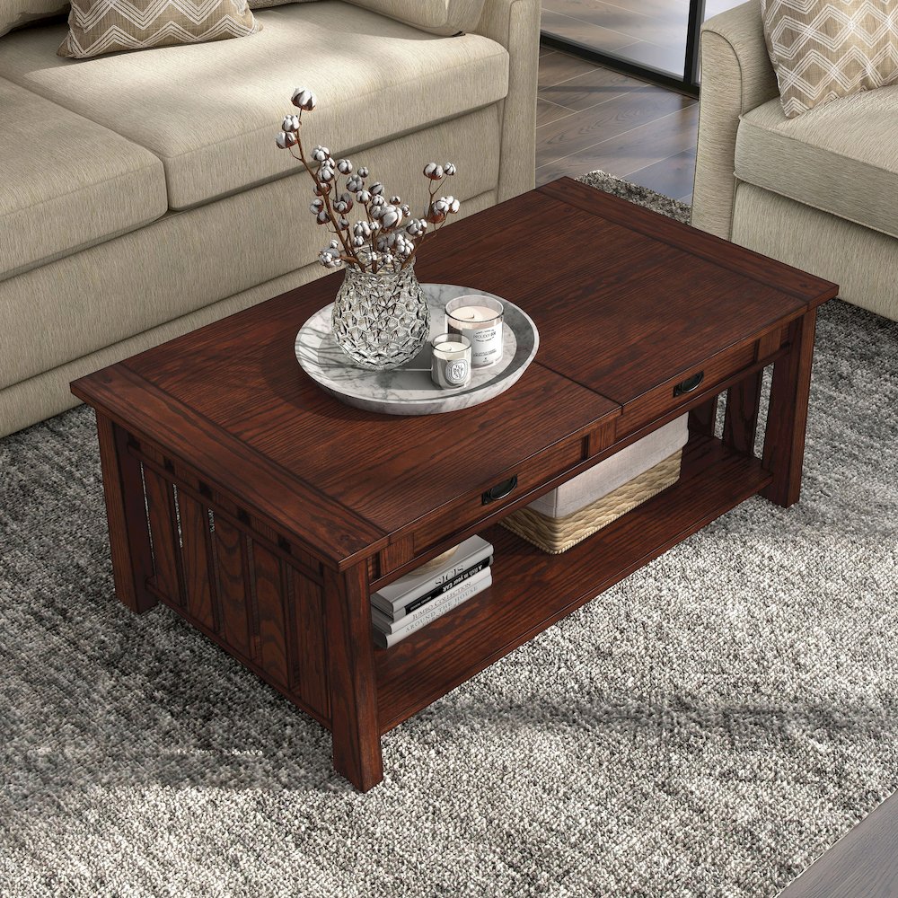 Elm Wood Coffee Table With Hidden Lift Shelf. Picture 5