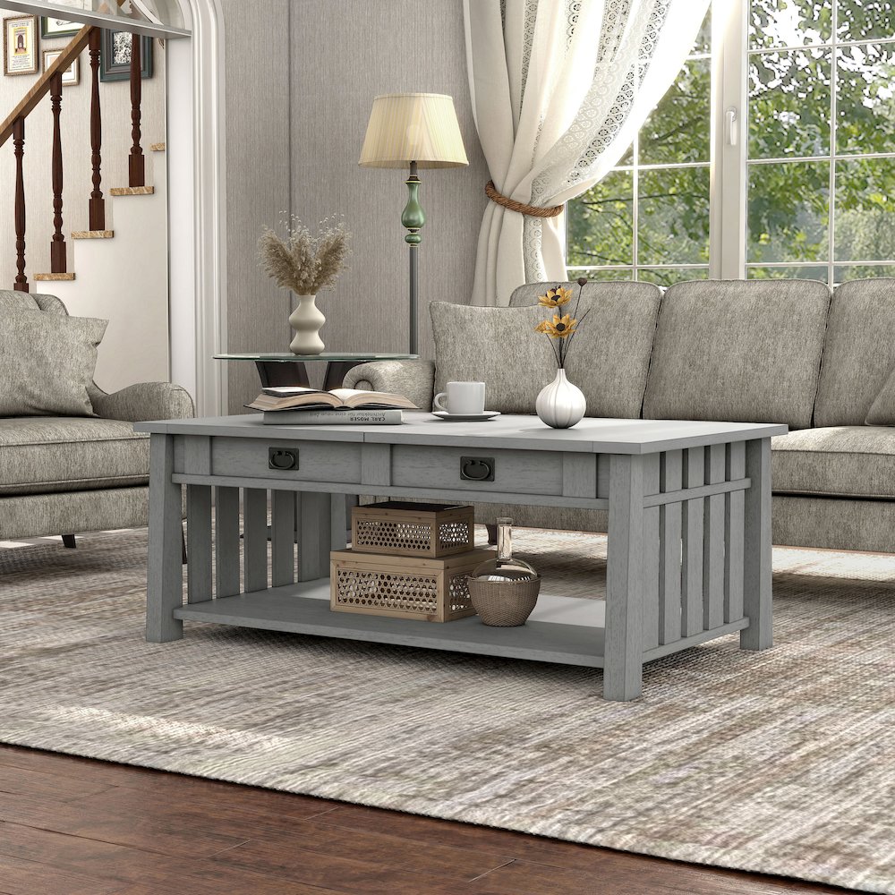 Elm Wood Coffee Table With Hidden Lift Shelf. Picture 4