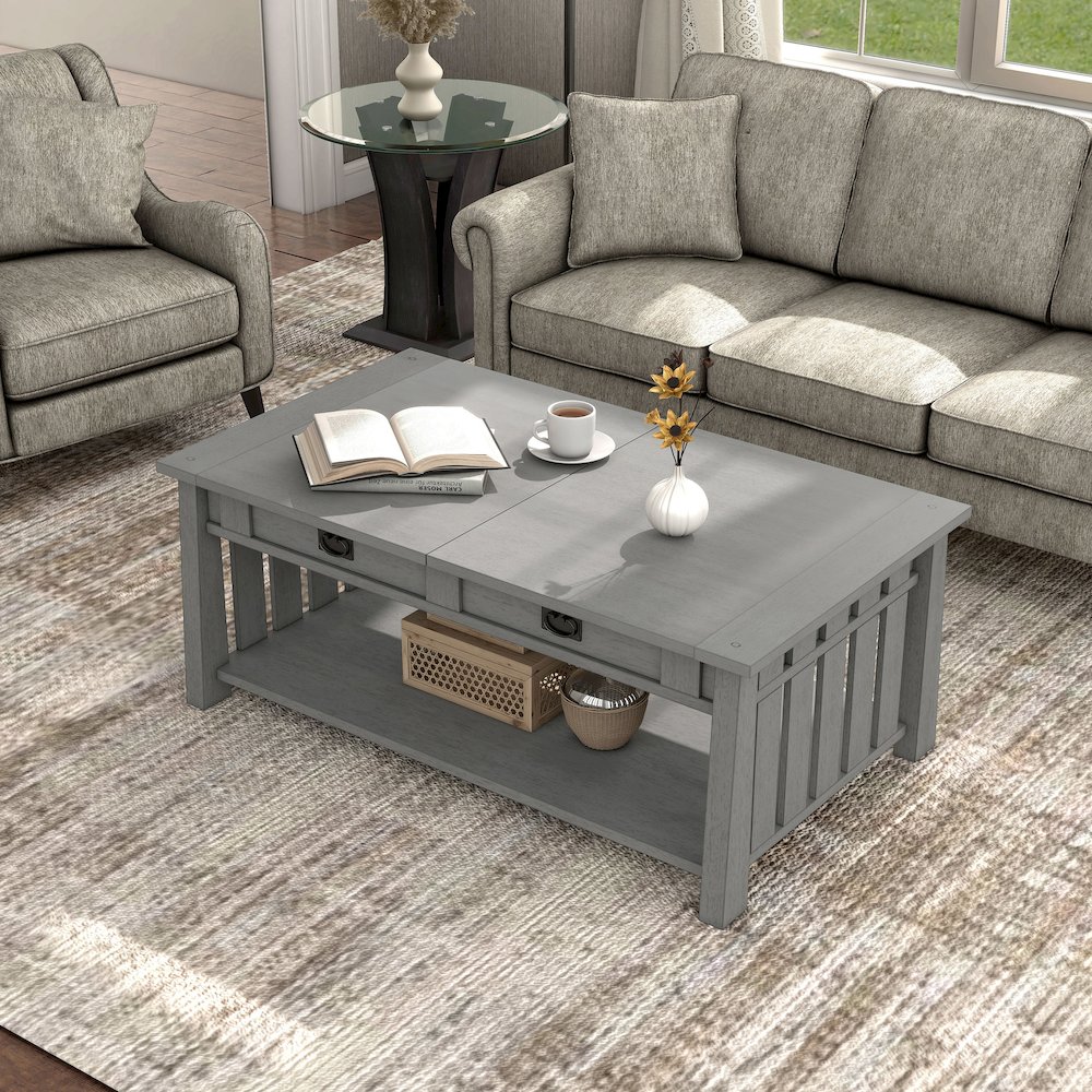Elm Wood Coffee Table With Hidden Lift Shelf. Picture 5