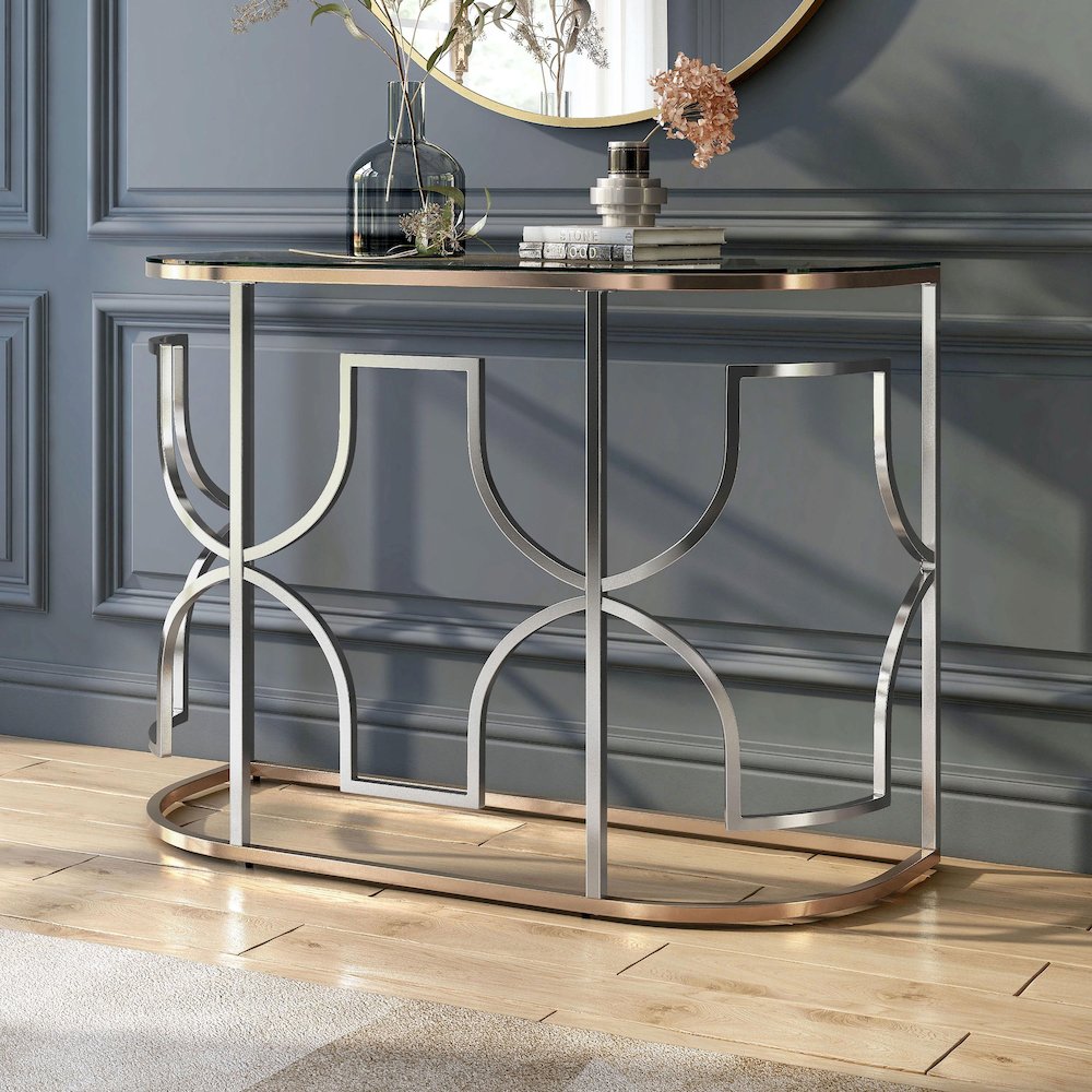 Sol Glam Glass Top Sofa Table in Chrome and Gold. Picture 4