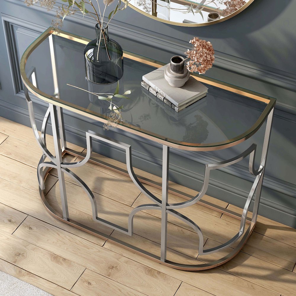 Sol Glam Glass Top Sofa Table in Chrome and Gold. Picture 5