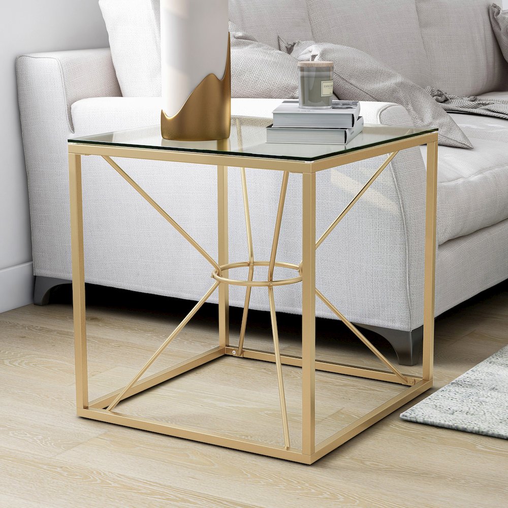 Cevelle Contemporary Glass Top End Table in Gold. Picture 2