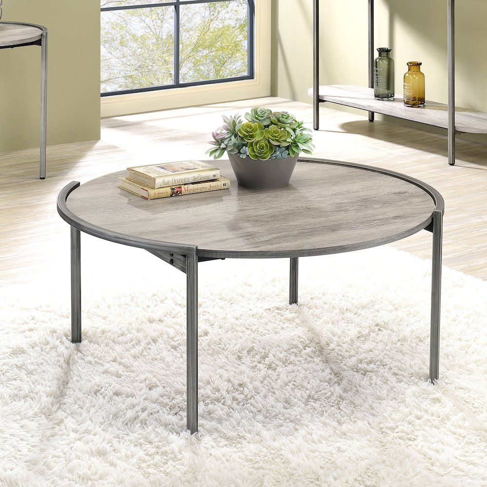 Mordicai Metal Round Coffee Table in Light Gray. Picture 3
