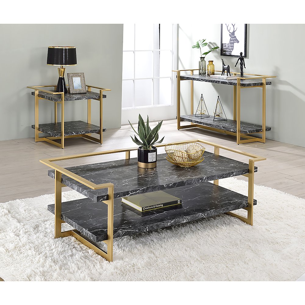 Meliman Metal 3-Piece Coffee Table Set in Gold and Black. Picture 2