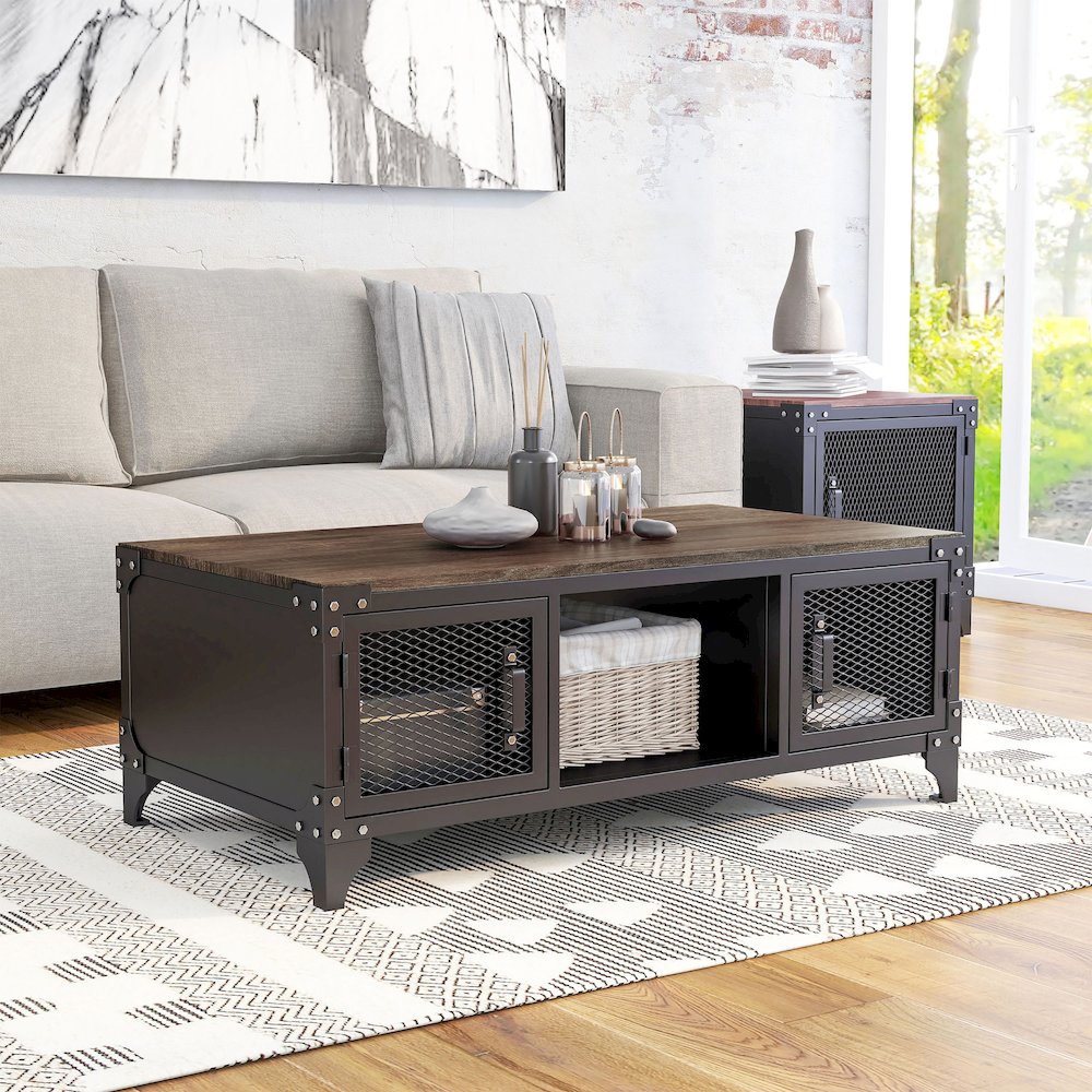 Edam Industrial Metal Storage Coffee Table in Sand Black. Picture 3
