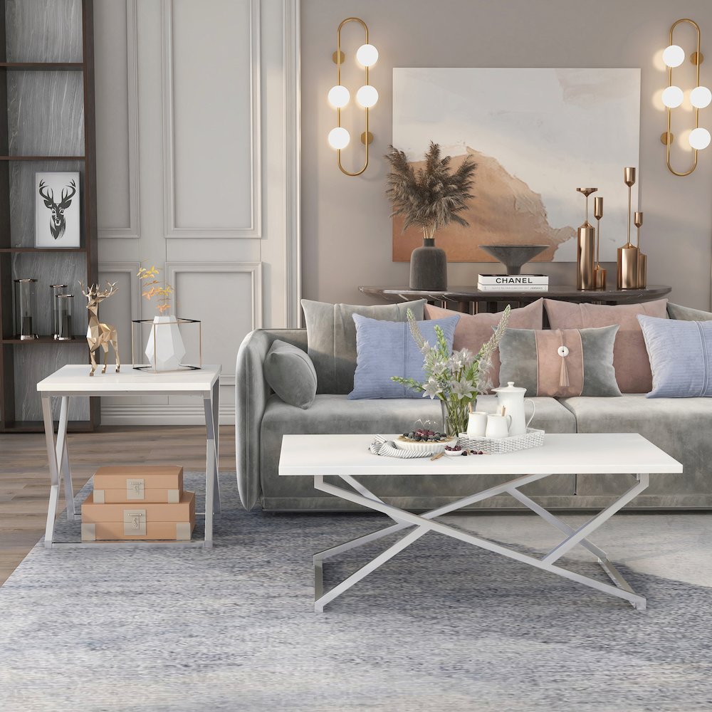 Mergo Contemporary Metal 2-Piece Coffee Table Set in White. Picture 4