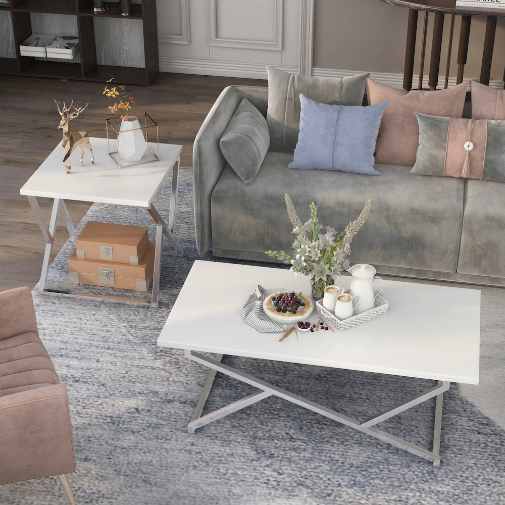 Mergo Contemporary Metal 2-Piece Coffee Table Set in White. Picture 5
