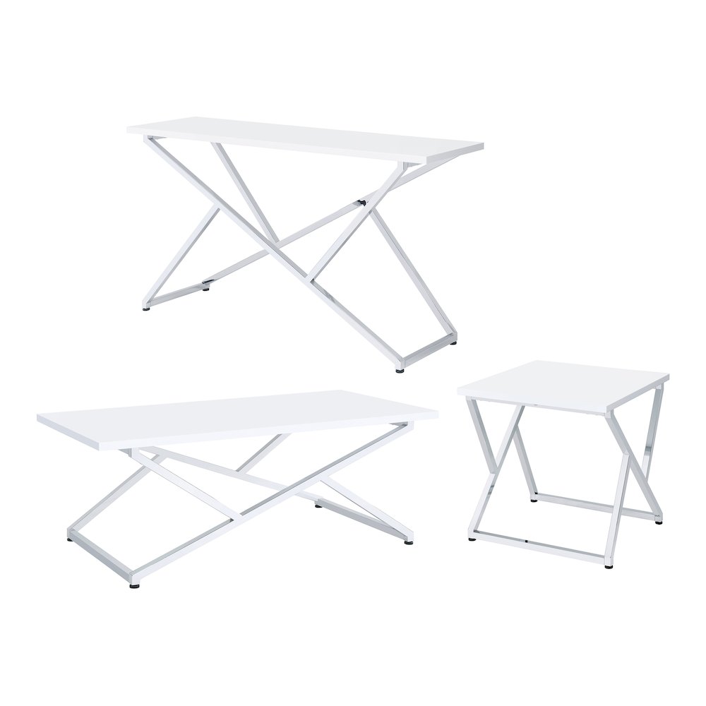 Mergo Contemporary Metal 3-Piece Coffee Table Set in White. Picture 1